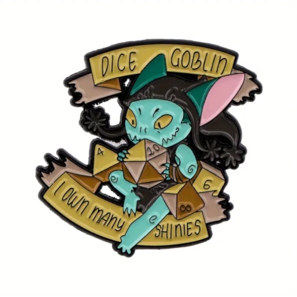 Women’s Jewelry Fashion Cute Fun Dice Goblin ‘I own many shinies’ Enamel Pin